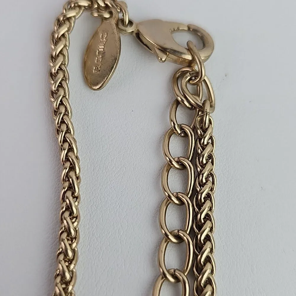 Chicos Gold Tone Necklace Wire Wrapped Oval Shape Pendant 16 in Braided Chain